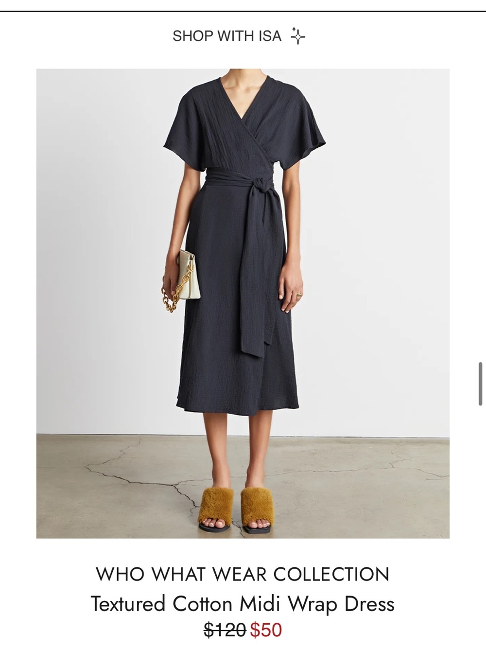 Who What Wear Black Textured Cotton Midi Wrap Dress